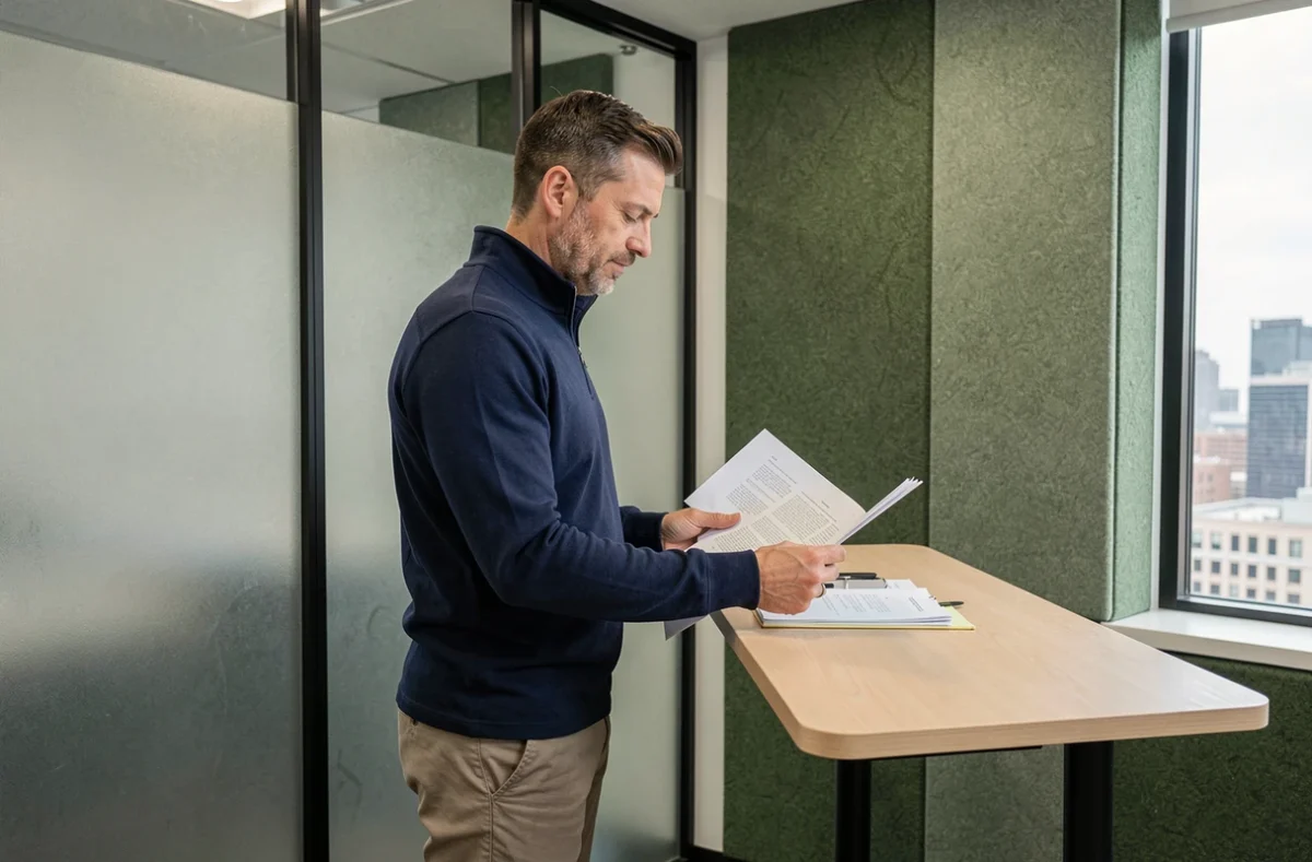 Homme travaillant debout dans un box privatif d'un espace de coworking à Mulhouse