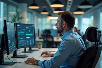 Homme d affaires au bureau regardant des graphiques IA