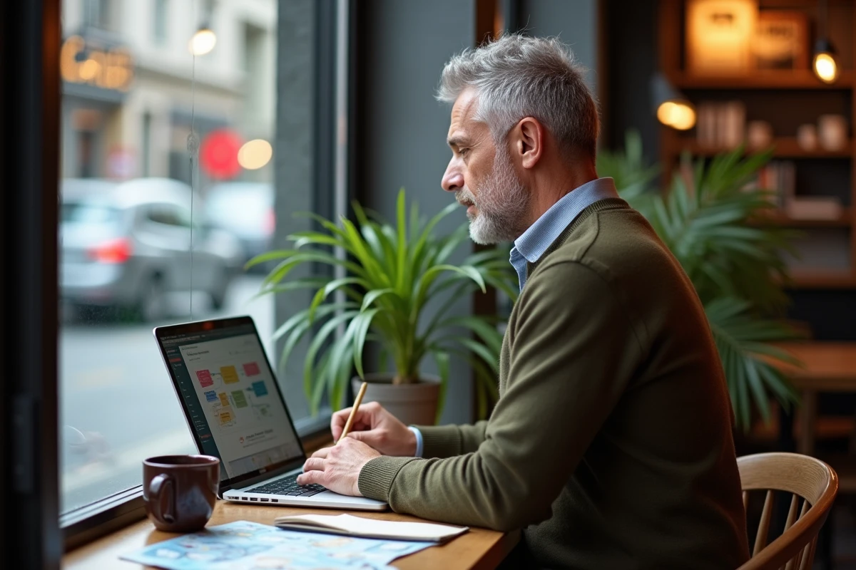Homme travaillant sur une stratégie SEO dans un café