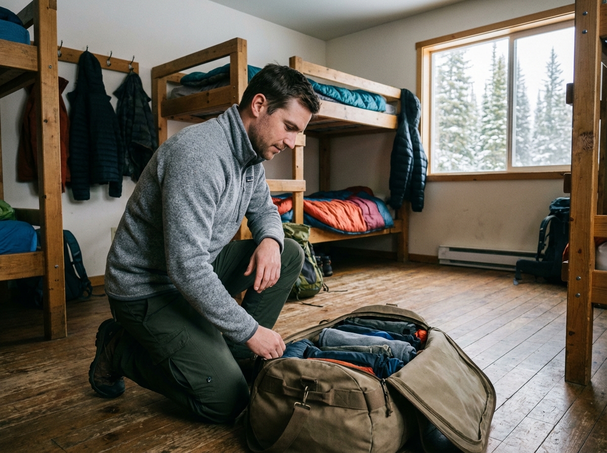 Homme organisant ses affaires dans un dortoir de chalet enneige