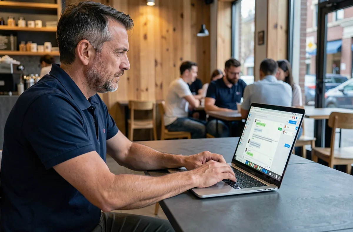 Homme utilisant le chat en ligne DHL sur un ordinateur portable dans un café moderne
