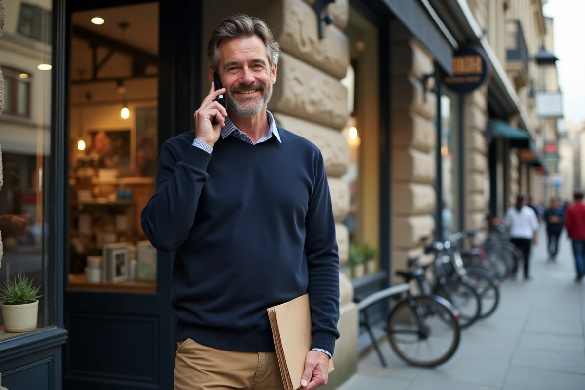 Homme parlant au téléphone devant une boutique en ville