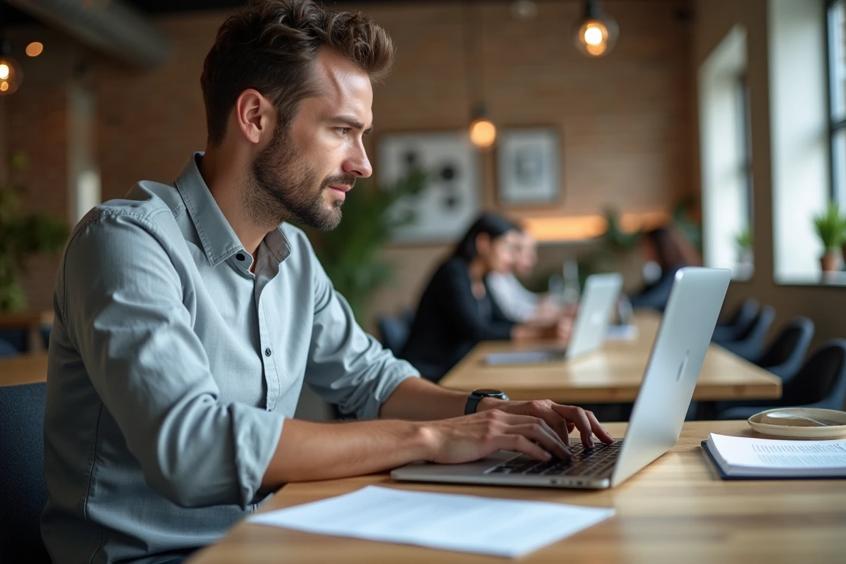 Homme r&eacute;digeant un courrier administratif moderne sur ordinateur portable dans un espace de coworking