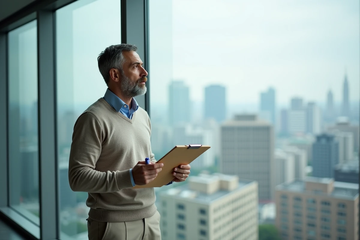 Homme réfléchissant avec vue panoramique sur la ville
