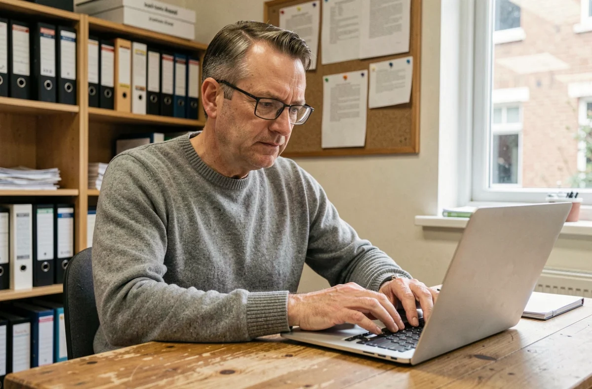 Homme rédigeant un email professionnel sur un ordinateur portable dans un bureau administratif scolaire
