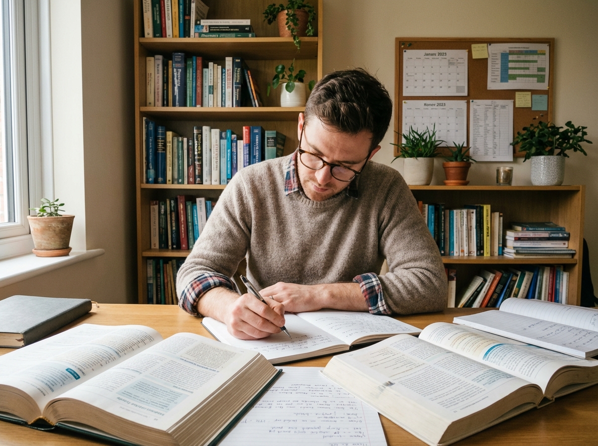 Homme étudiant ses notes dans un bureau à domicile