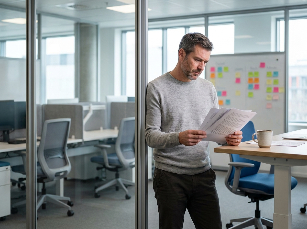 Homme en pull gris consultant des documents dans un bureau flex office avec cloisons vitrées et postes de travail modulables