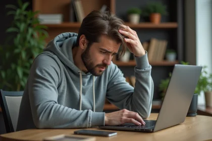 Homme frustré devant un écran d'erreur de connexion sur un ordinateur portable dans un bureau à domicile