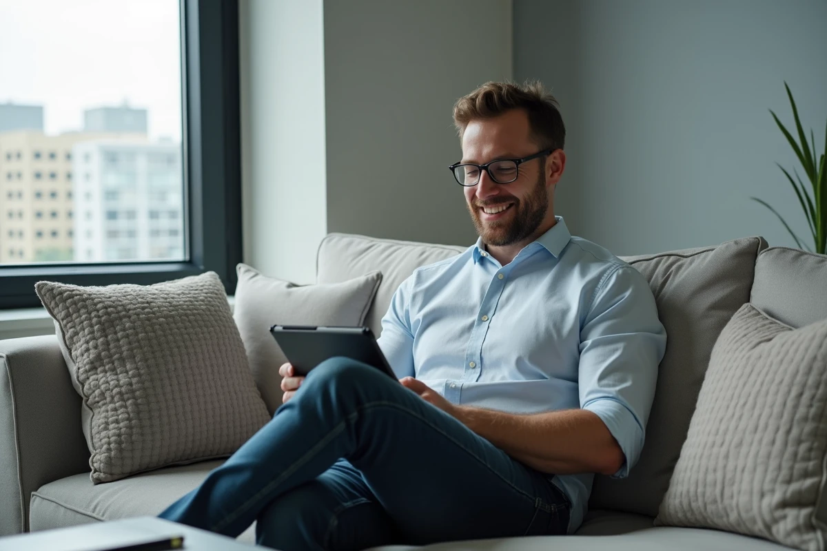 Homme travaillant sur tablette dans un salon moderne