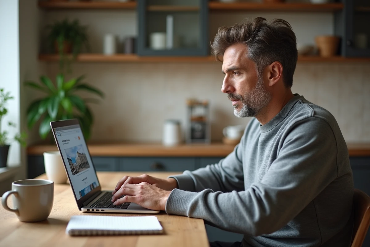 Homme consultant un article sur les fermetures Decathlon 2026 sur son ordinateur portable dans une cuisine