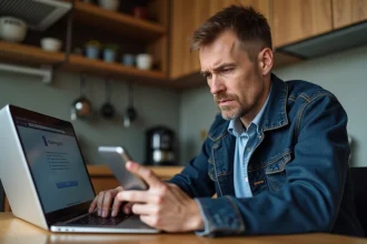 Homme d'âge moyen travaillant sur son ordinateur dans la cuisine