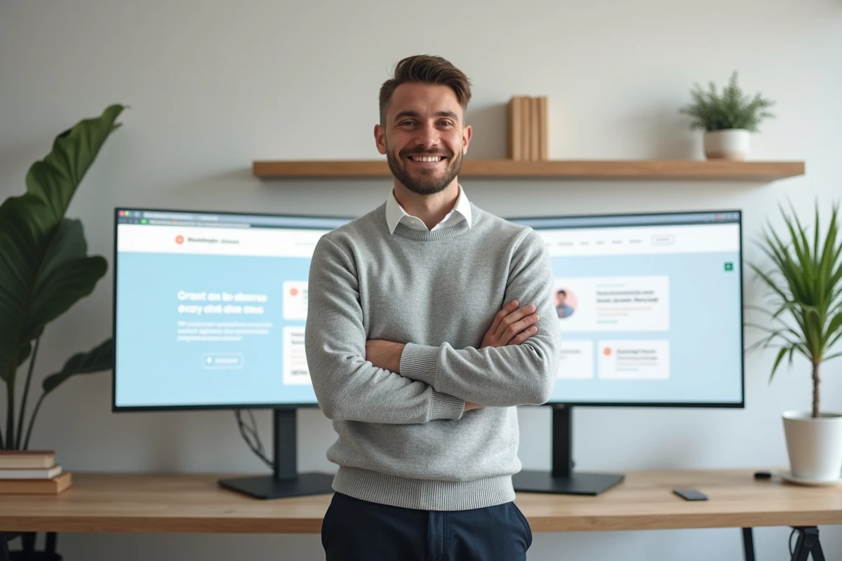 Homme en pull gris présentant une page web professionnelle avec des éléments de réassurance visibles à l'écran