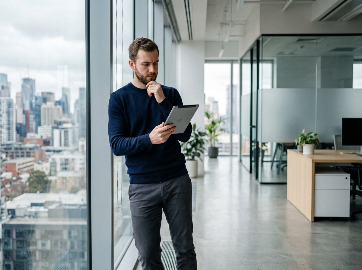 Jeune professionnel masculin consultant une plateforme de talents sur tablette devant une fenêtre panoramique dans un bureau moderne en ville
