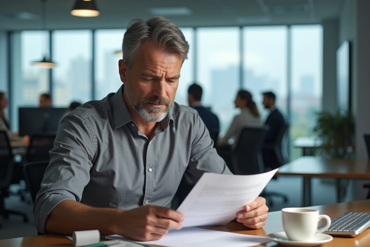 Homme en entreprise relisant sa lettre de démission imprimée au bureau