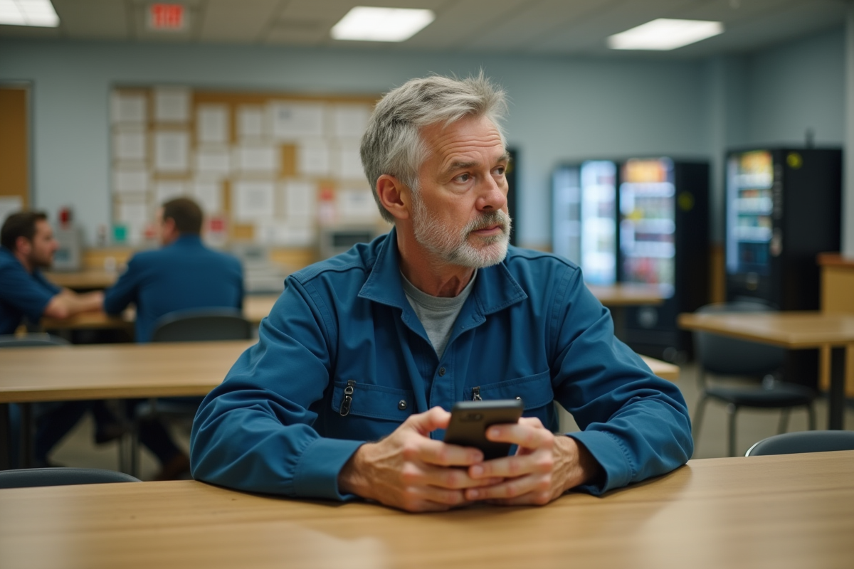 Homme en uniforme dans la salle de pause au travail