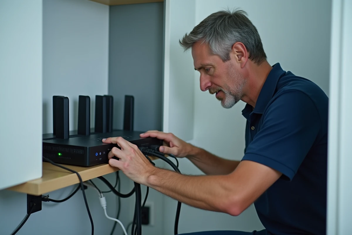Homme inspectant un routeur internet domestique pour r&eacute;soudre un probl&egrave;me de connexion