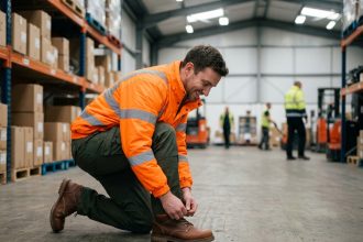 Homme en tenue de sécurité ajustant ses chaussures au travail