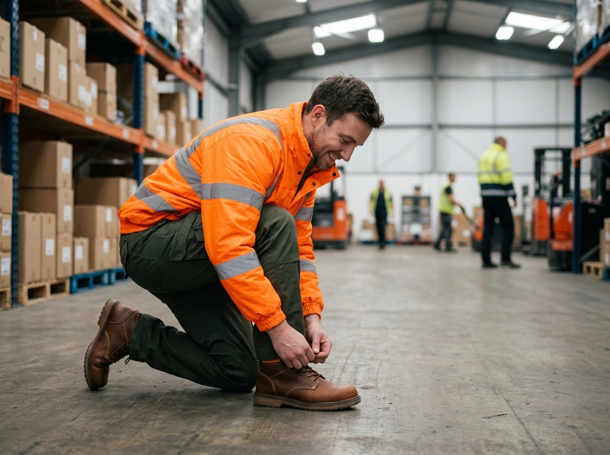 Homme en tenue de sécurité ajustant ses chaussures au travail