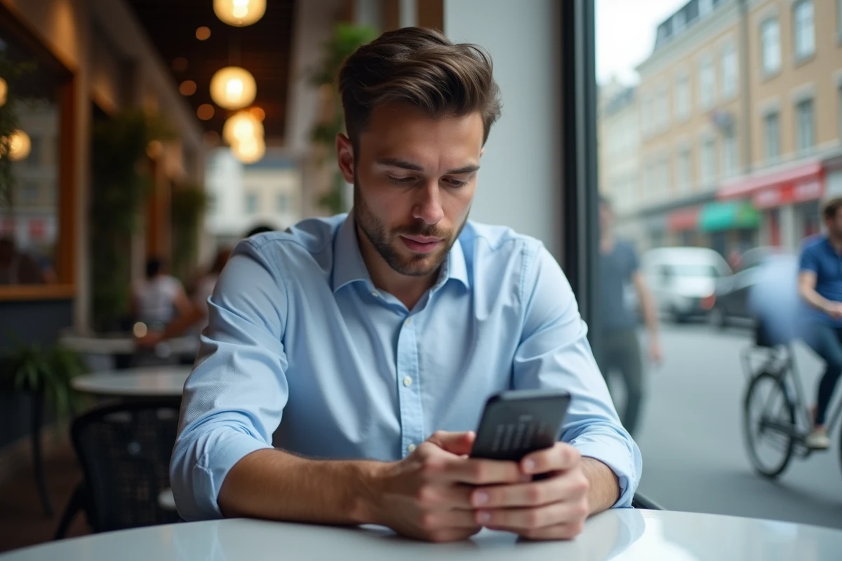 Jeune homme regardant son calendrier digital au caf&eacute;