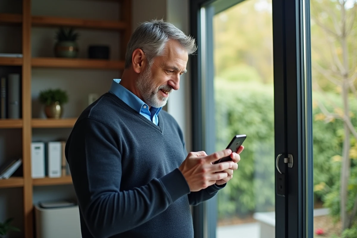 Homme dans sa maison consultant son compte sur smartphone