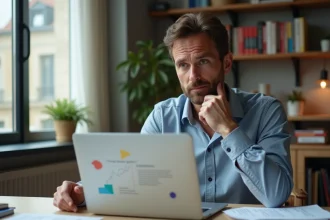 Homme d'affaires français regardant un pitch deck à son bureau