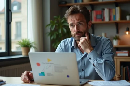 Homme d'affaires français regardant un pitch deck à son bureau