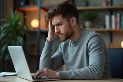 Jeune homme stressé devant un ordinateur en panne