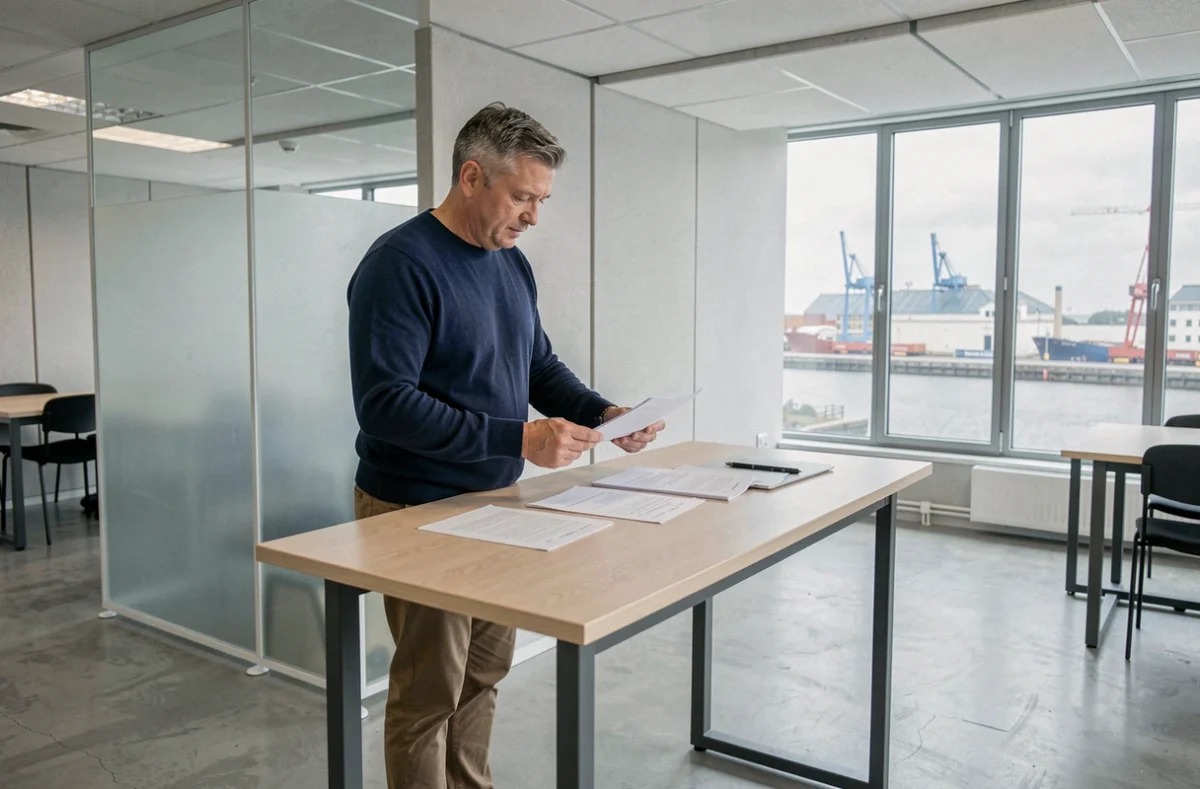 Homme en télétravail debout à un bureau ergonomique dans un coworking à Dunkerque avec vue sur le port
