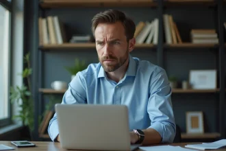 Homme d'âge moyen concentré devant son ordinateur à domicile