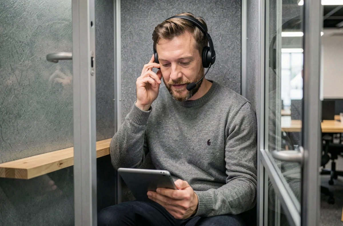 Travailleur indépendant en cabine acoustique privée d'un espace de coworking, parlant avec un casque tout en consultant une tablette