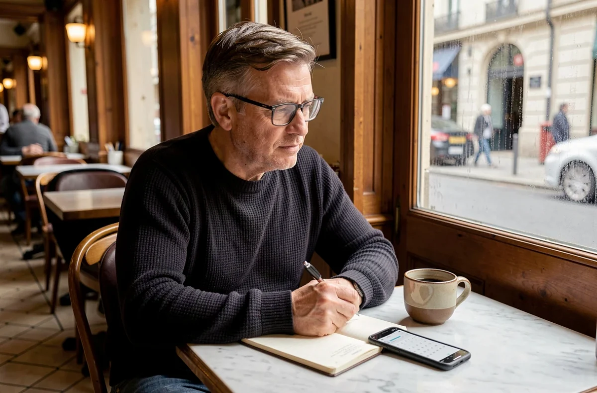 Travailleur indépendant planifiant ses démarches de portage salarial dans un café à Meaux