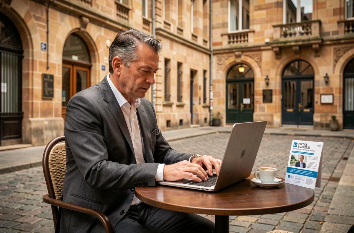 Travailleur indépendant recherchant une société de portage salarial sur son ordinateur en terrasse dans le Vieux-Lyon