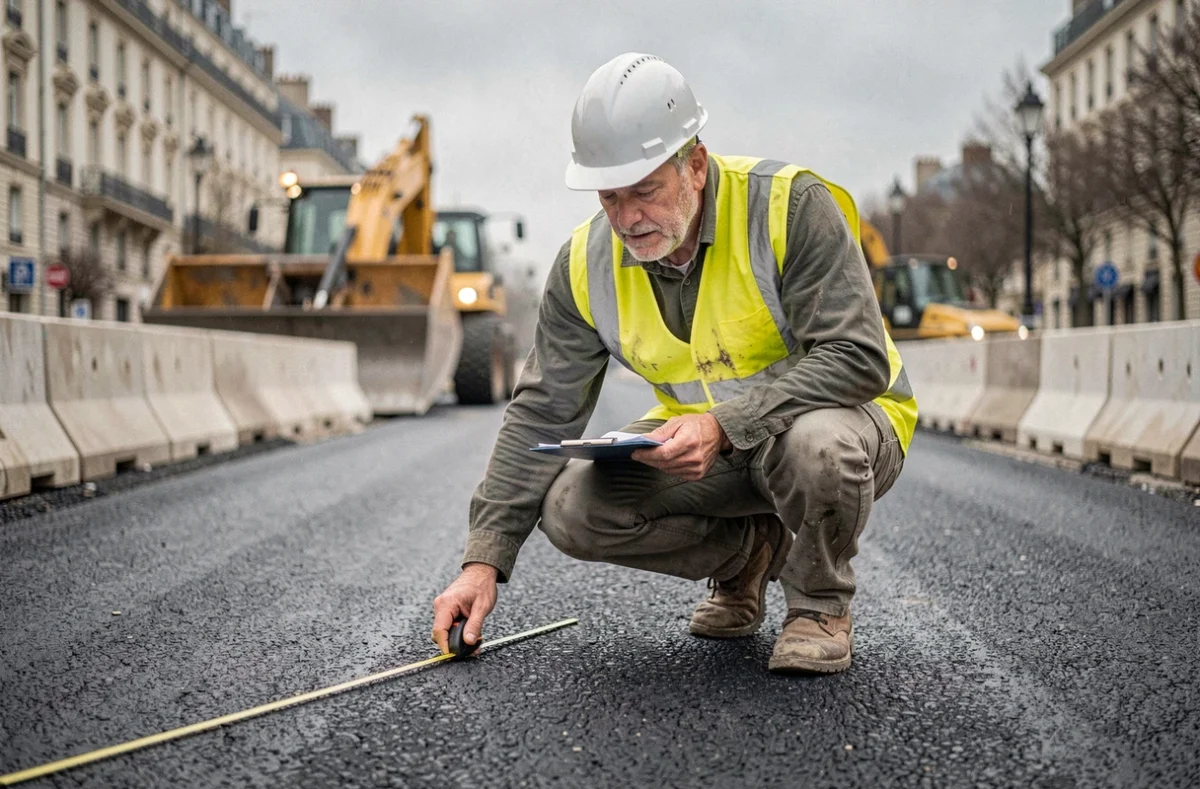 Ingénieur des travaux publics inspectant une surface en asphalte sur un chantier de voirie urbaine, tenant un mètre ruban et un clipboard