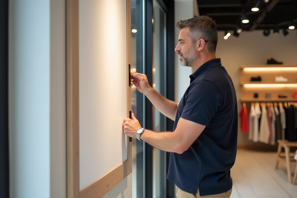 Gérant de boutique installant une grande affiche A0 sur le mur de son commerce