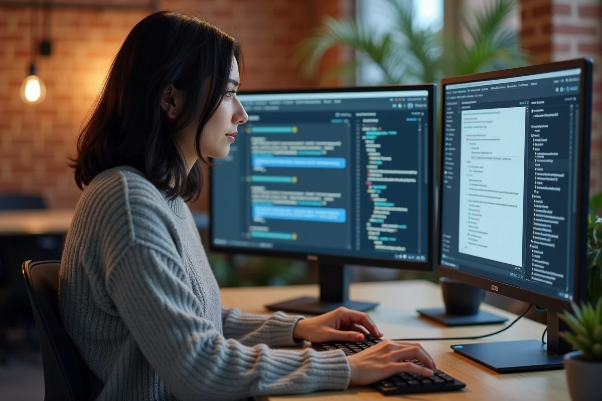 Une développeuse web configure un plugin de live chat sur WordPress depuis son bureau avec deux écrans