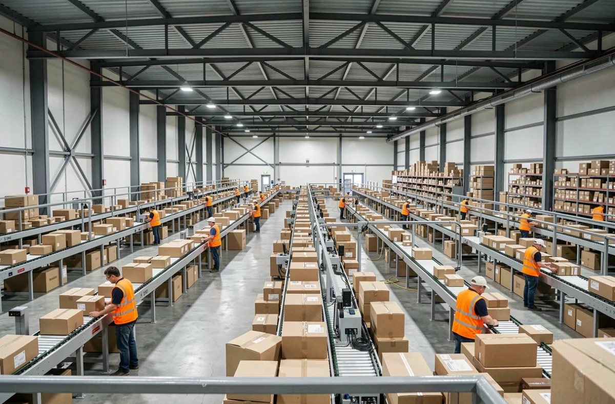 Intérieur d'un centre de tri de colis avec convoyeurs automatisés et agents logistiques en gilets haute visibilité
