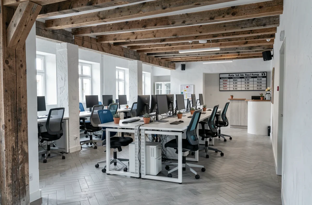 Intérieur vide d'un espace de coworking à Dunkerque avec bureaux disponibles et tableau des tarifs visible