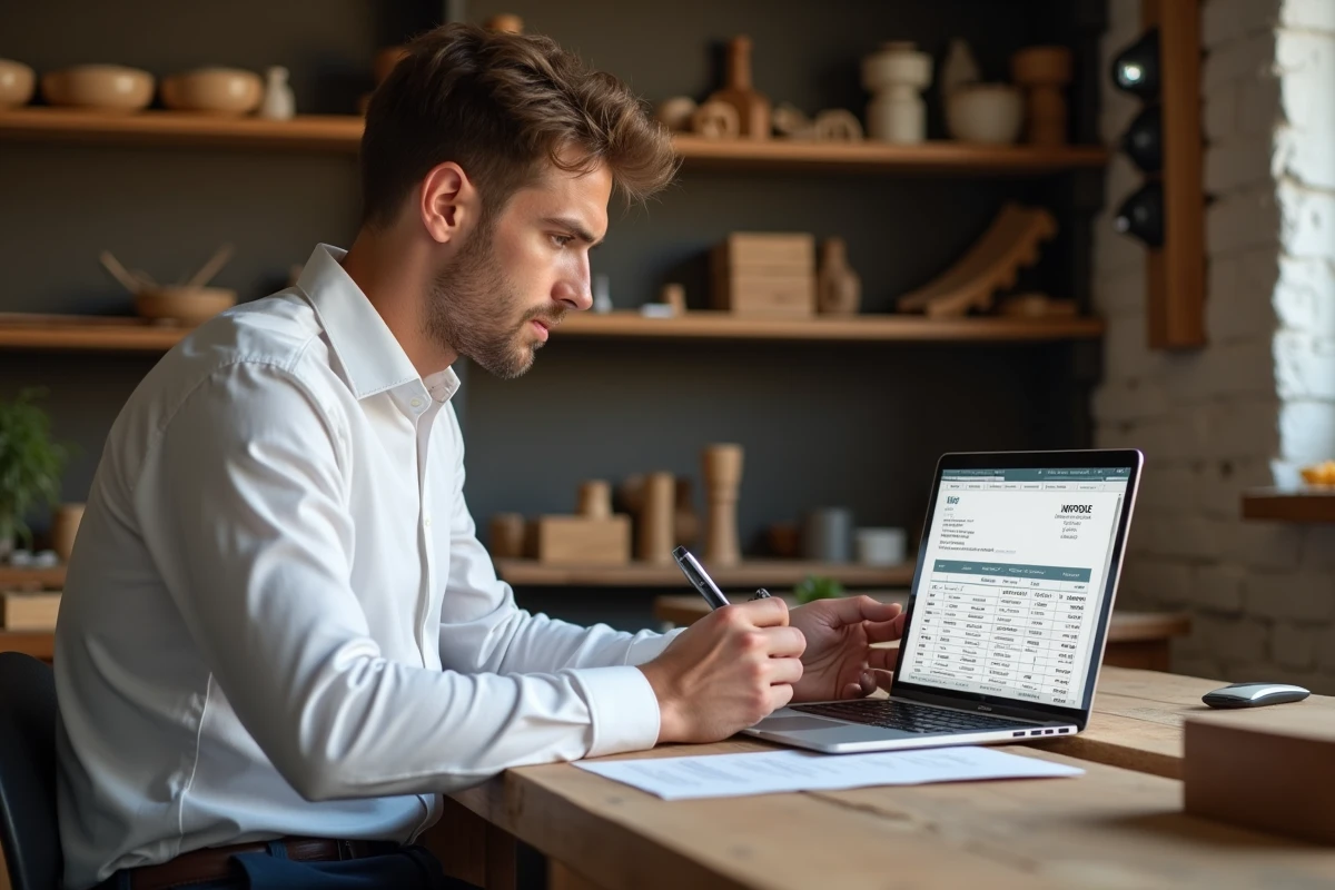 Jeune artisan découvrant le logiciel Ebatpro pour créer ses premières factures dans son atelier