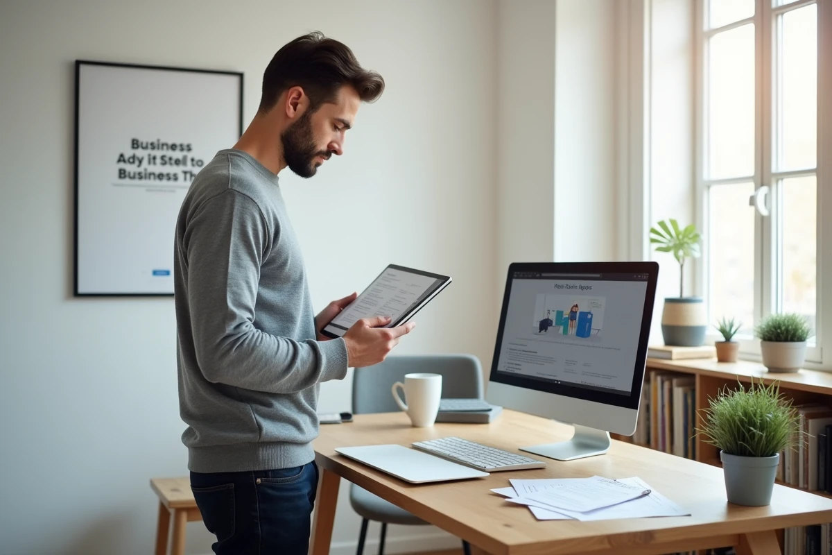 Jeune entrepreneur debout à son bureau à domicile consultant un guide de lancement d'entreprise sur tablette