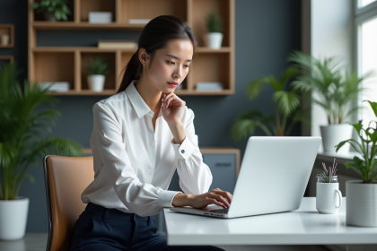 Jeune femme au bureau regardant un tableau de bord email