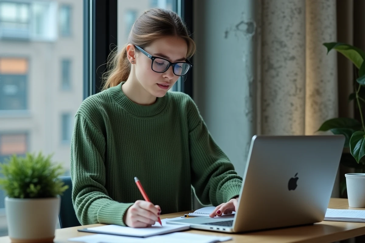 Jeune femme regardant son ordinateur dans un bureau urbain