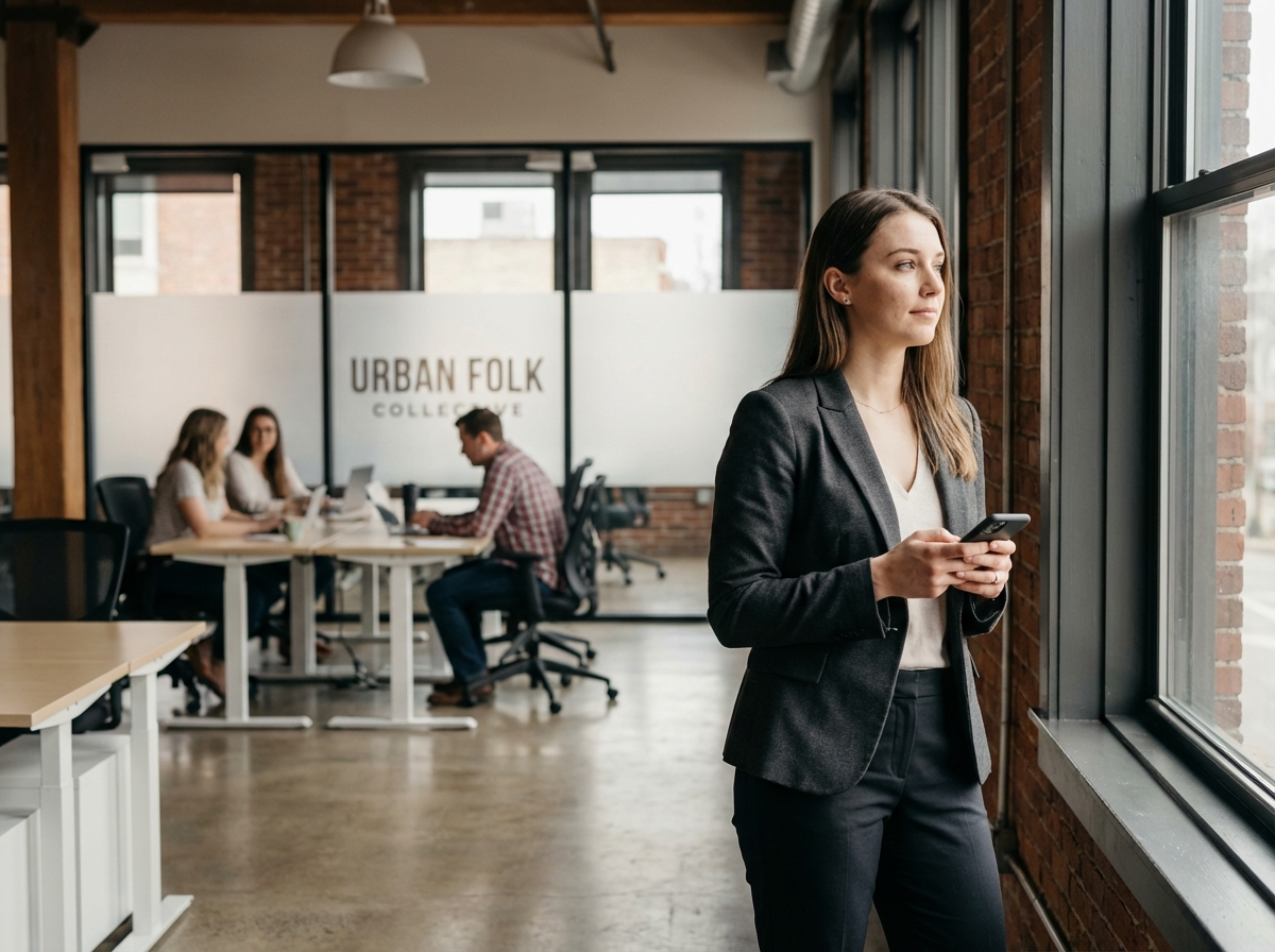 Jeune femme regardant par la fen&ecirc;tre dans un bureau moderne