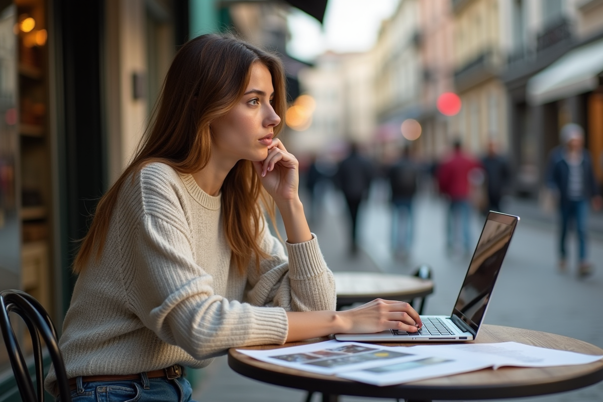 Jeune femme photographe travaillant dans un café en ville