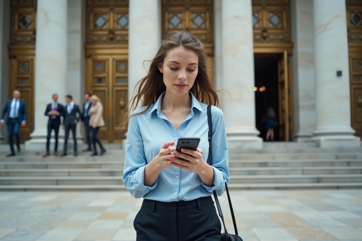 Jeune femme marche devant un palais de justice en vérifiant son smartphone