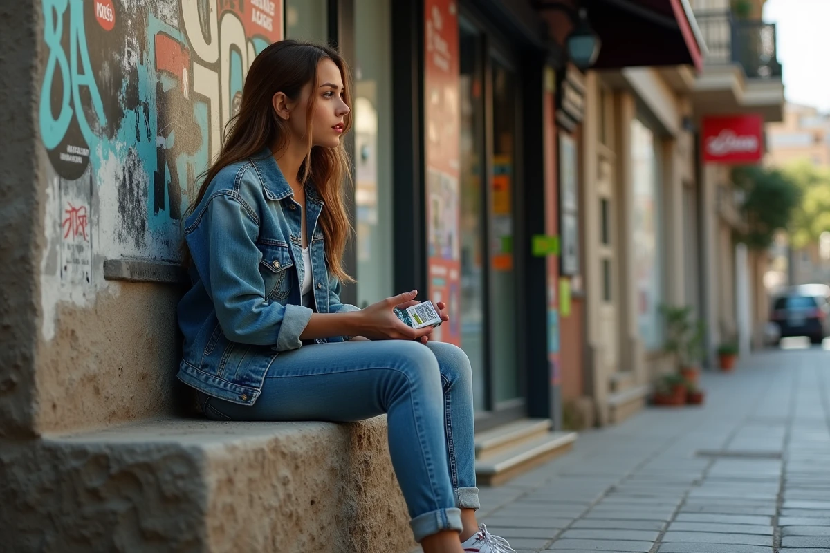 Jeune femme espagnole assise devant une boutique urbaine