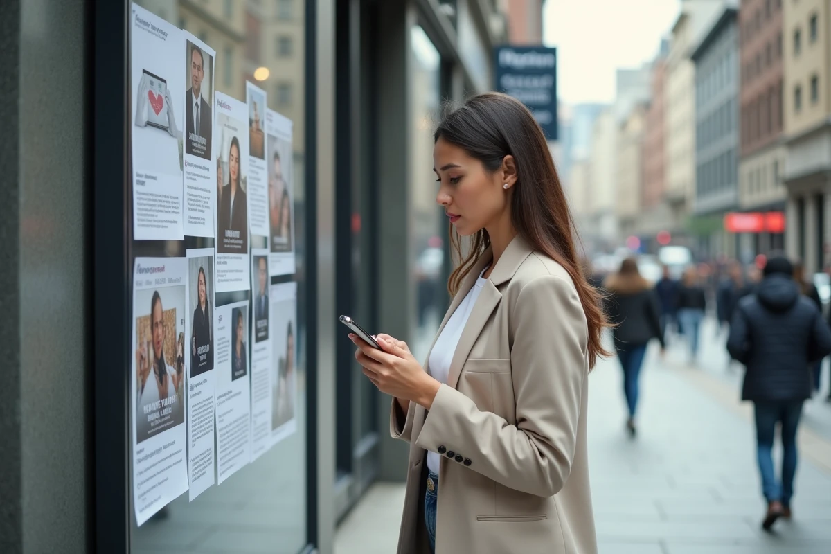 Jeune femme sceptique regardant un panneau publicitaire en ville