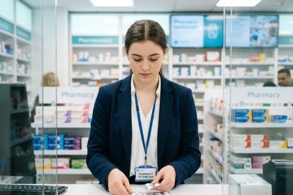 Jeune femme en pharmacie comptant des médicaments