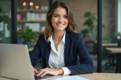 Jeune femme professionnelle en bureau moderne et lumineux