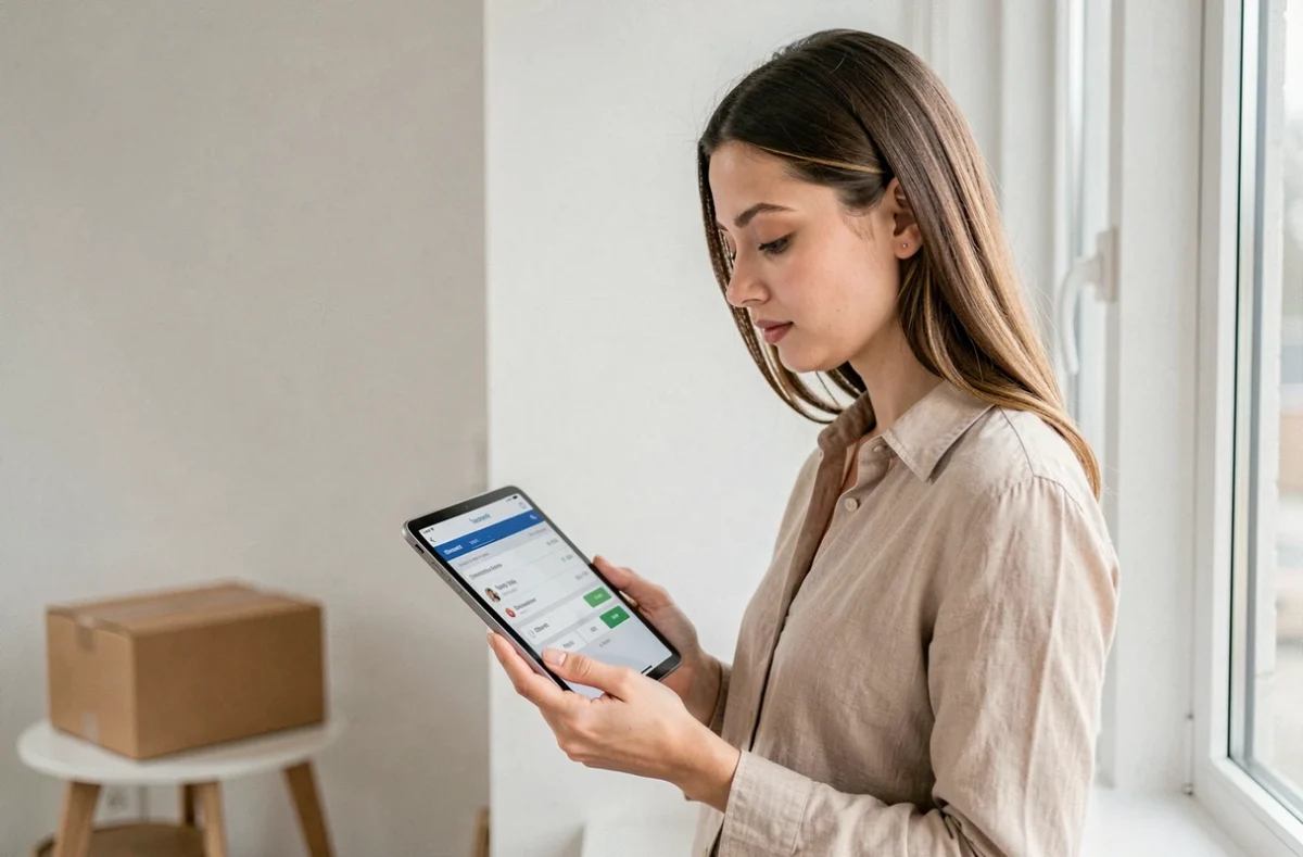 Jeune femme consultant le suivi de colis DHL sur une tablette dans un appartement minimaliste