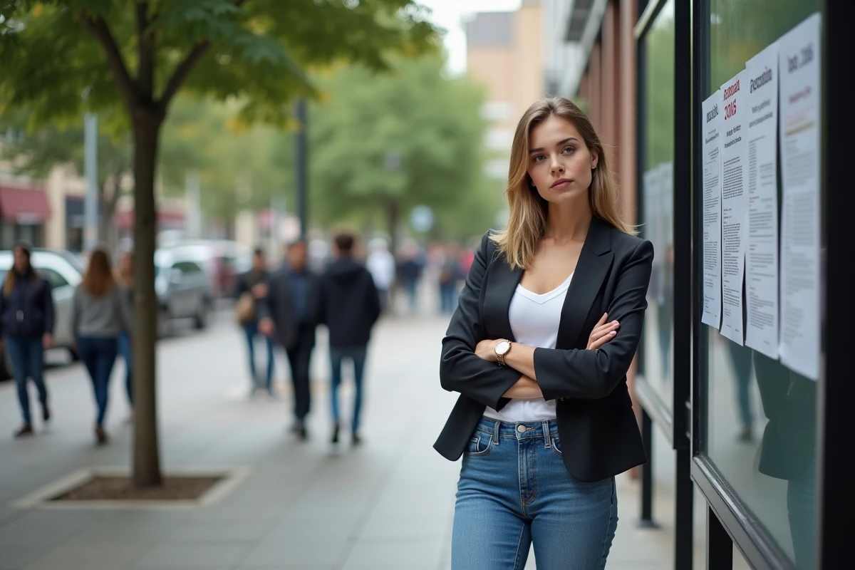 Jeune femme regardant une affiche urbaine dans la rue
